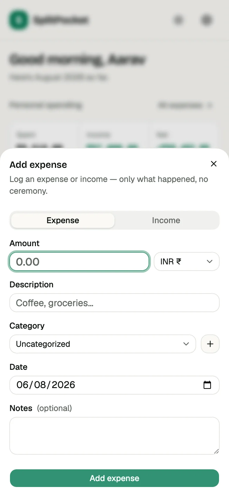 Adding an expense in SplitPocket: amount, description, category, date