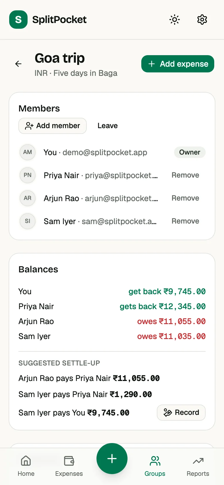 Group balances in SplitPocket