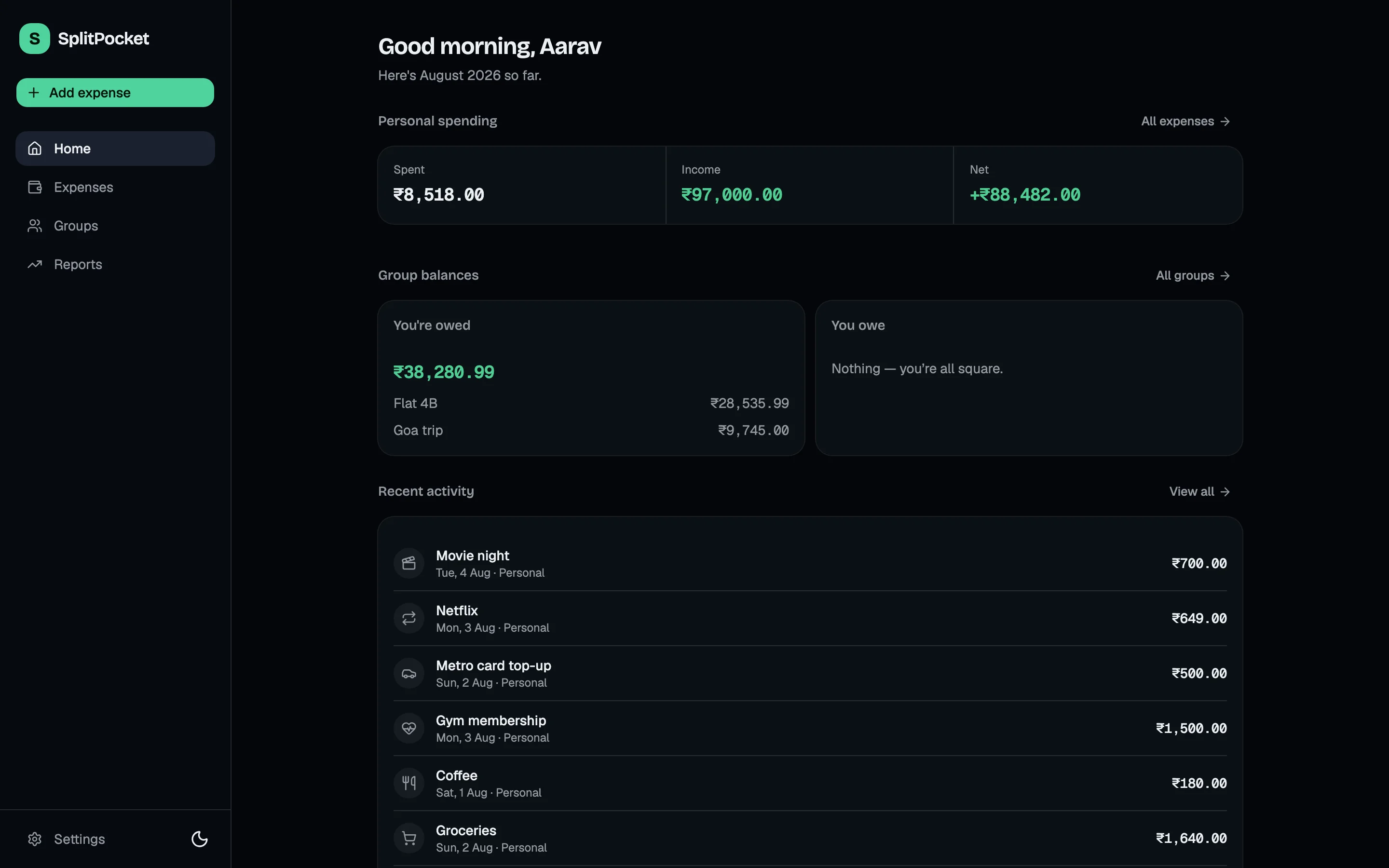 The SplitPocket dashboard in the dark theme
