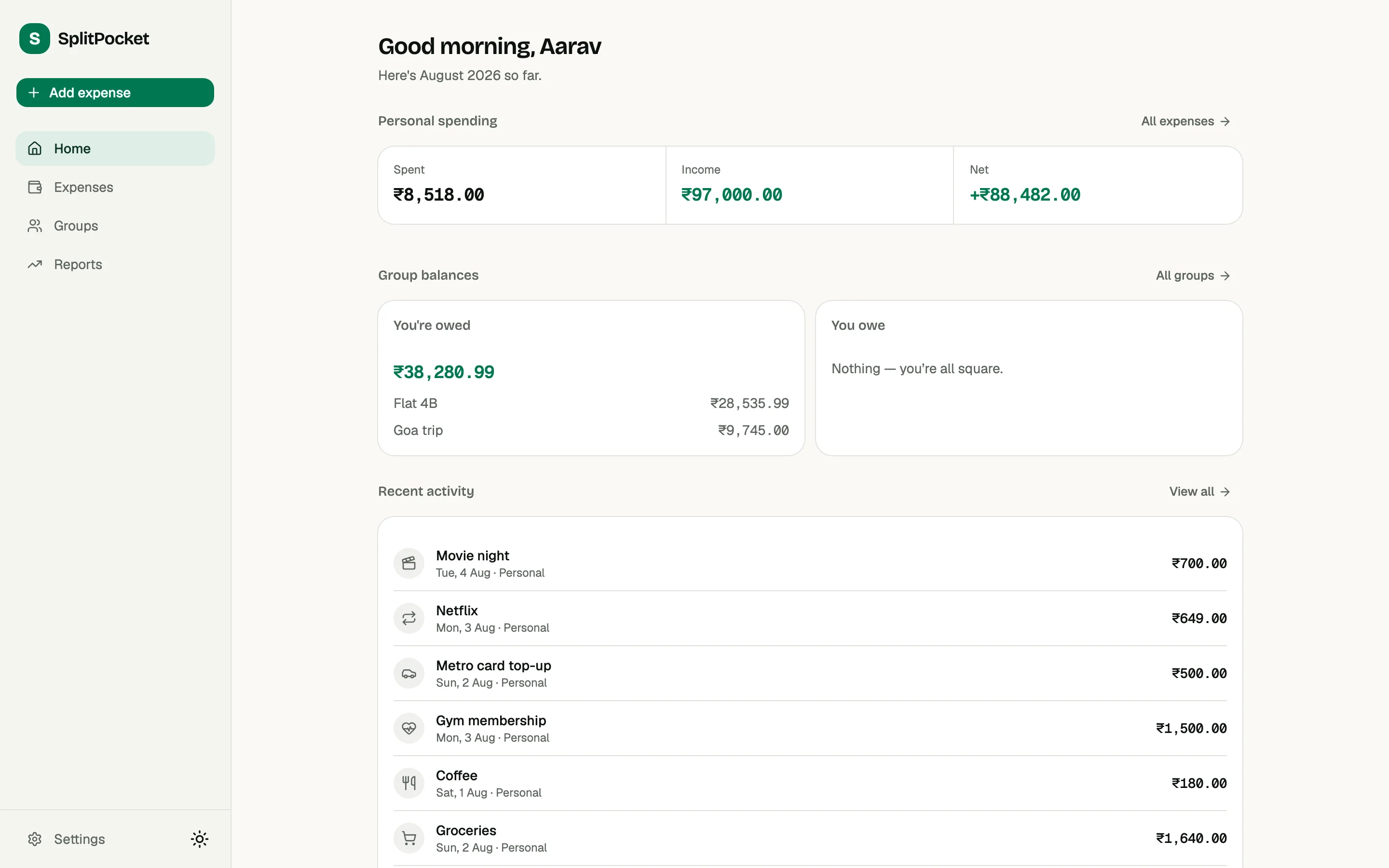 The SplitPocket dashboard: month-to-date spending, what you're owed, and recent activity