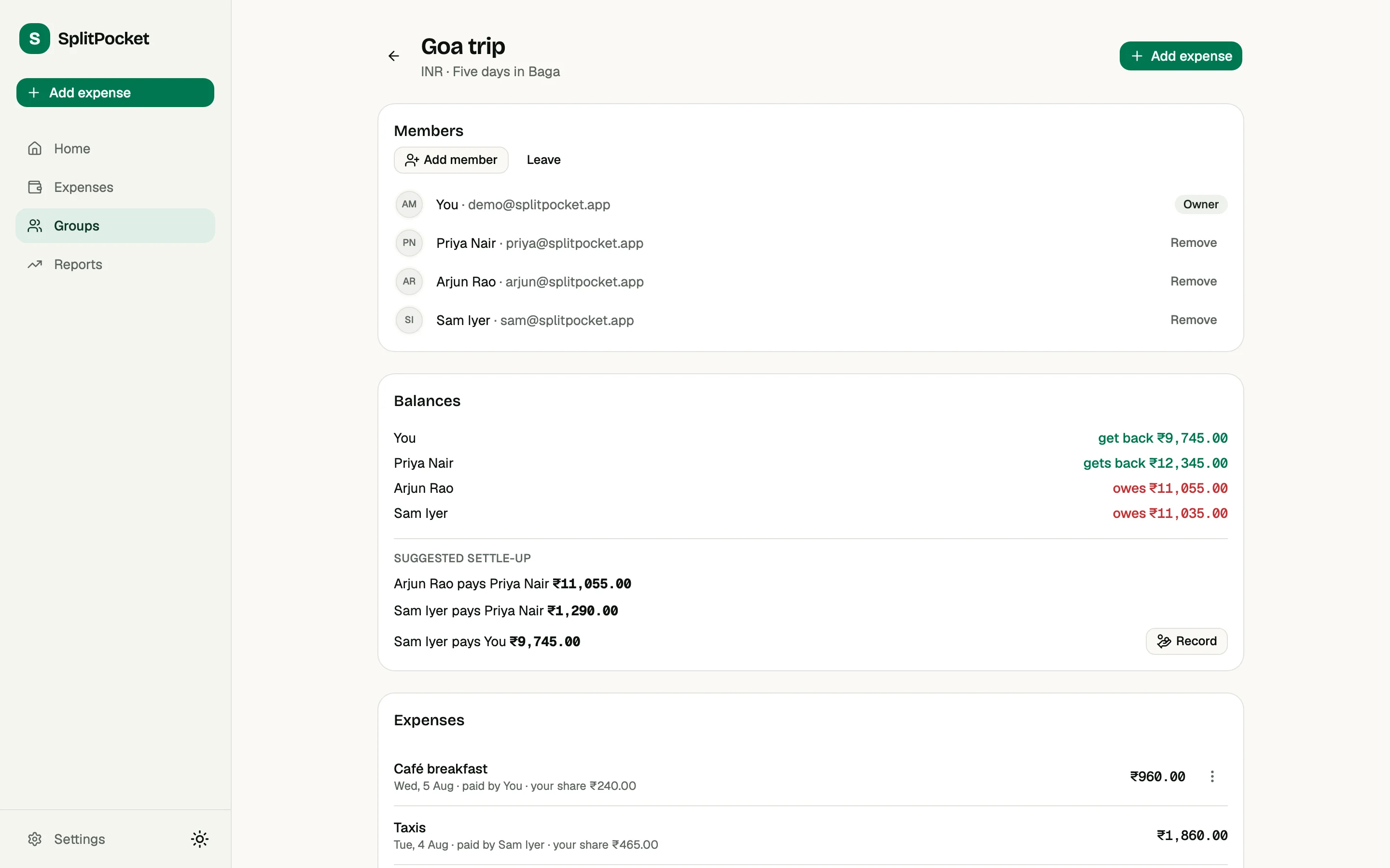 A SplitPocket group: members, balances, expenses, and a suggested settle-up