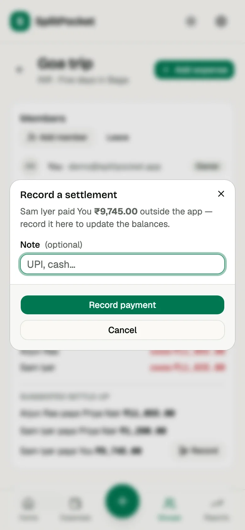 Recording a settlement in SplitPocket